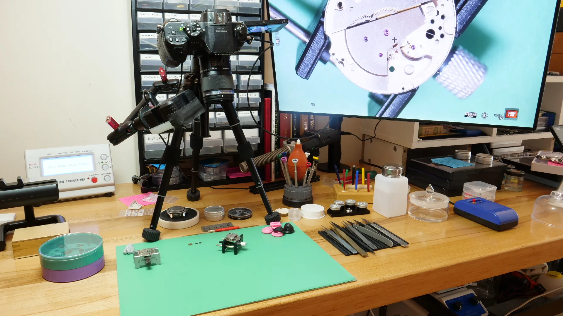 Jesus' watchmaker workbench: 4K Lumix GH5 camera, Olympus M.Zuiko Digital ED 60mm Macro Lens and Monitor