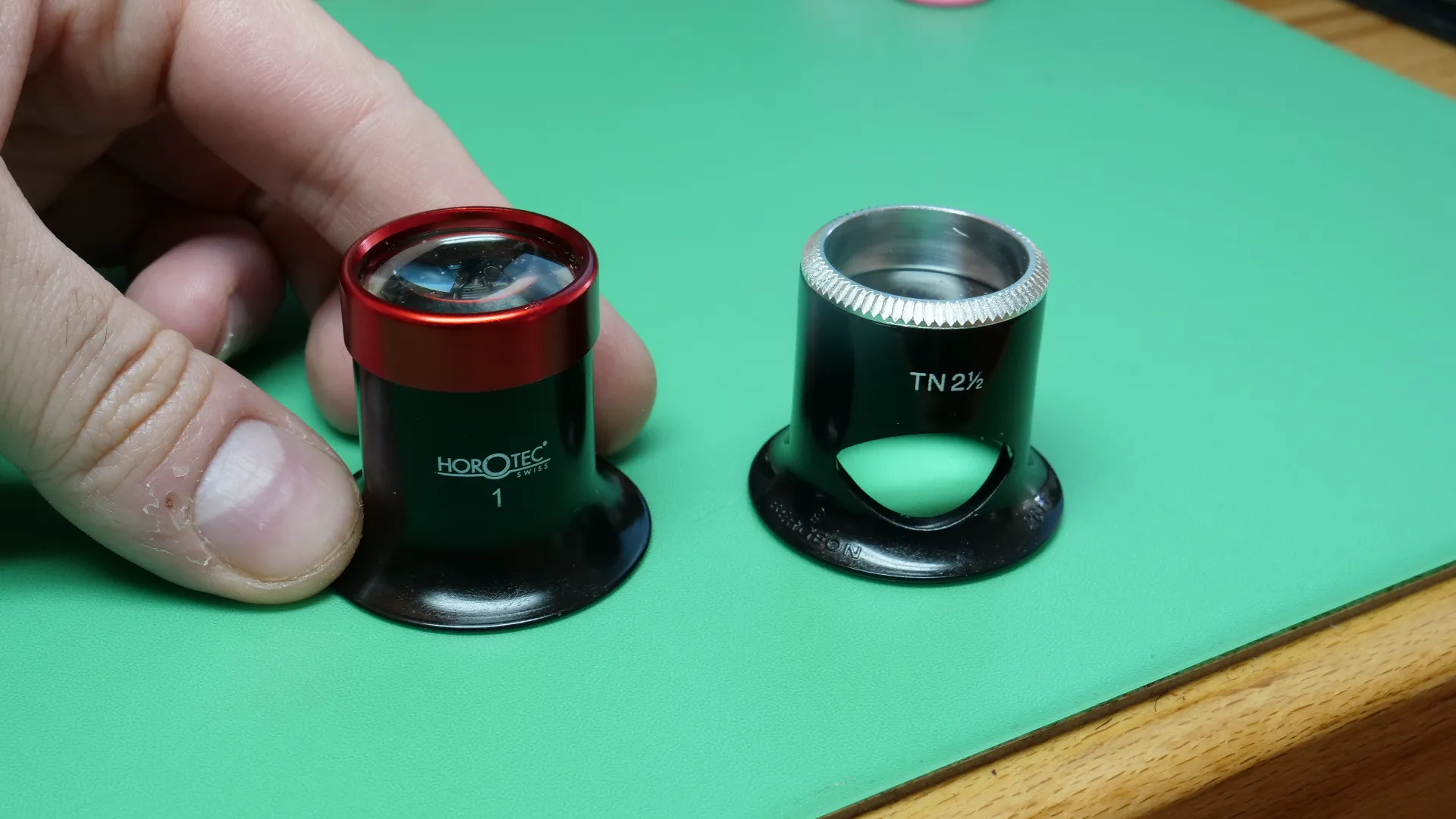 Traditional watchmaker's loupes. Left: Horotec No. 1 (Mag x10). Right: Bergeon No.2.5 (Mag x4)