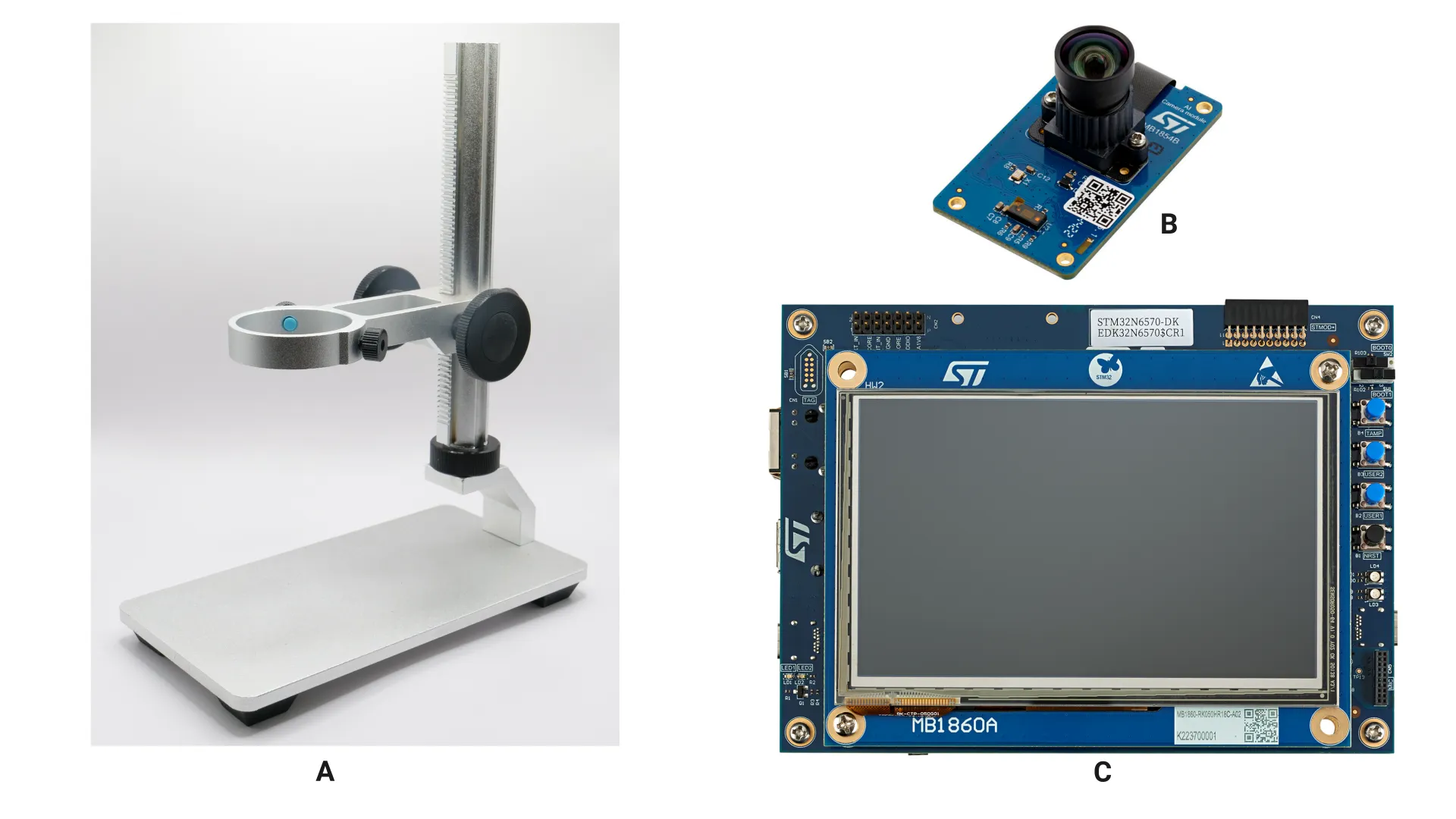 A) Lens stand, B) B-CAM-IMX module, C) STM32N6570-DK